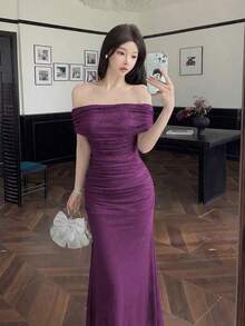Vestido elegante de mujer con hombros descubiertos y cintura fruncida, perfecto para bodas, citas y ocasiones - Morado 2 - Ver 4