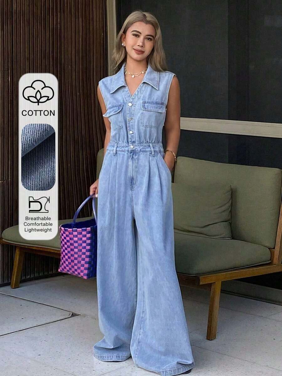 Mono vaquero sin mangas, suelto, con bolsillo en la cintura y decoración de solapa, estilo casual de ciudad para mujer - Lavado ligero - Ver 1