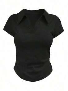 Camiseta casual versátil de mujer con cuello y mangas cortas plisadas - Negro - Ver 4