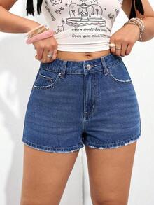 Shorts vaqueros de mujer casuales y versátiles para el uso diario, de verano - Azul lavado medio - Ver 7