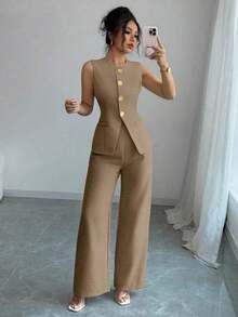 Traje casual/de trabajo elegante de mujer con decoración de botones florales - Marrón - Ver 3