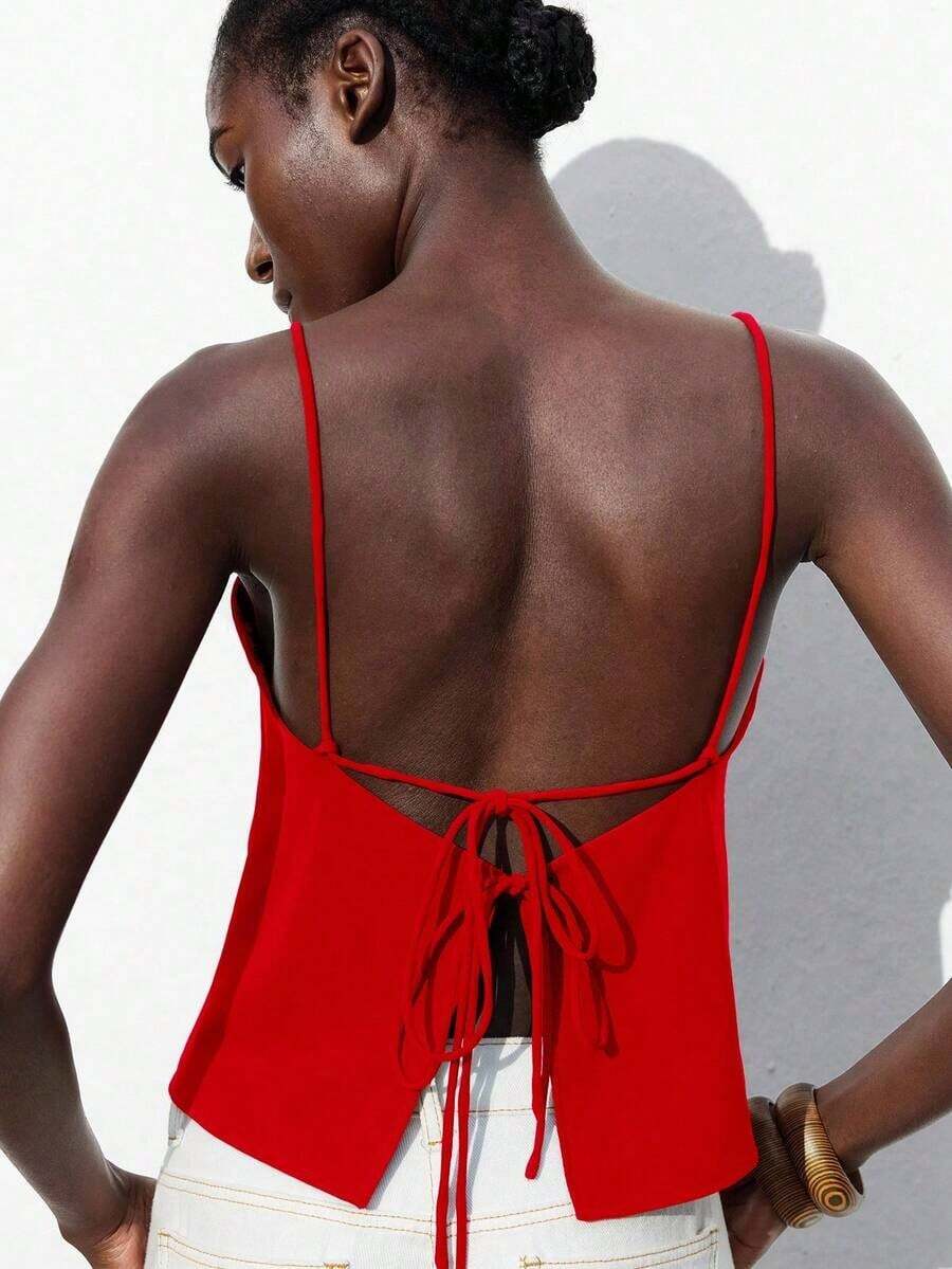 Blusa sin mangas con lazo ajustable, elegante para fiesta, oficina, viajes, casual, romántica, adecuada para invitados de boda, anfitriones, citas, fiestas, conciertos, desayunos, aeropuerto, vacaciones de verano - Rojo - Ver 1