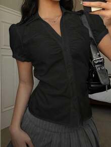 Camisa casual de mujer de manga corta abullonada, de un solo pecho, a rayas azules, ropa de verano - Negro - Ver 5