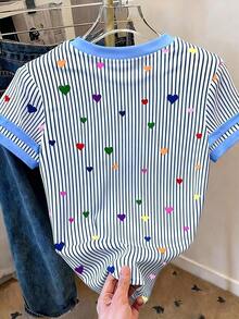 Camiseta de manga corta de cuello redondo con estampado de corazón a rayas, versátil y casual para ir al trabajo - Multicolor 2 - Ver 2