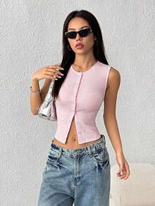 Blusa sin mangas casual con textura de un solo color y botones delanteros - Rosa - Ver 6