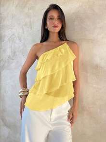 Nueva blusa elegante y romántica de primavera/verano para citas, Día de San Valentín, temporada de bodas, de gasa rosa con un hombro, espalda descubierta, volantes en capas, blusa sexy con volantes para la playa, atuendo de boda, camisa rosa elegan - Amarillo - Ver 4