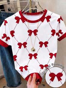 Camiseta de mujer casual de cuello redondo y manga corta con estampado de lazo - Multicolor 6 - Ver 6