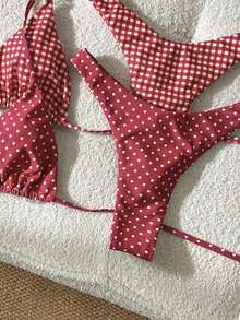 Conjunto de traje de baño de 4 piezas con cuentas marrón y a rayas, para primavera/verano 2026, conjunto de bikini de alta gama para resort de playa - Rojo - Ver 4