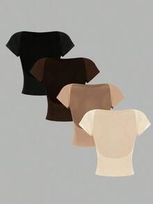 4 piezas Camisetas de mujer de unicolor casual, de cuello redondo, ajustadas y con espalda calada, adecuadas para el verano - Multicolor 13 - Ver 1