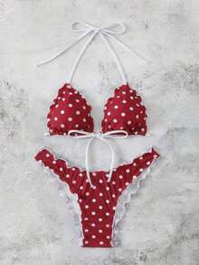 Conjunto de bikini de dos piezas con estampado de lunares, camiseta con lazo sexy y traje de baño para vacaciones en la playa para mujer - Rojo - Ver 6