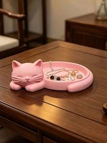 1个粉色猫咪造型首饰托盘，适合收纳耳环、戒指、项链、手镯和钥匙。适用于玄关、卧室、梳妆台、浴室盥洗台、办公桌和家居装饰。 - 彩色 - 查看 4