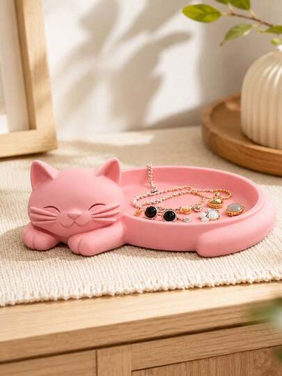 1个粉色猫咪桌面首饰收纳托盘，可用于整理耳环、戒指、项链、手镯和钥匙。适用于玄关、卧室、梳妆台、浴室洗手台、办公桌和家居装饰。