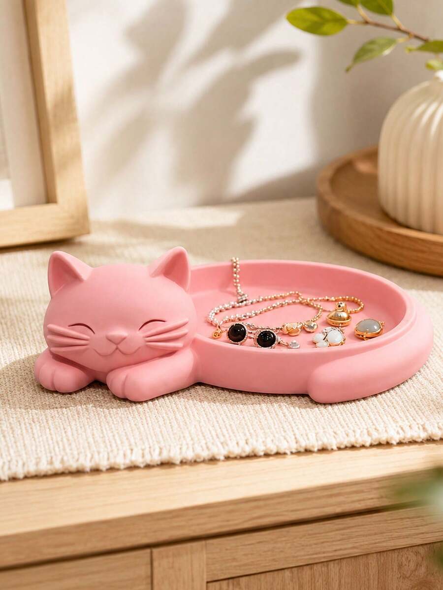 1个粉色猫咪造型首饰托盘,适合收纳耳环、戒指、项链、手镯和钥匙。适用于玄关、卧室、梳妆台、浴室盥洗台、办公桌和家居装饰。 - 彩色 - 查看 1