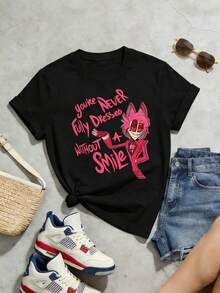 Camiseta de manga corta con cuello redondo suave y casual de verano para mujer, tops para salir, algodón, vintage, estilo callejero europeo y americano, casual deportivo, estilo unisex, estilo casual urbano, tops bonitos, Gen Z, curvas, ropa Y2K, camisetas divertidas, tops para damas, conjuntos de vacaciones para mujer, top lindo, camiseta gráfica, conjuntos de primavera, camisetas holgadas, ropa de calle retro, estilo de los 90, estilo de los 2000, subcultura, top negro, tops blancos, atuendo de fiesta de los 90. - Negro - Ver 3