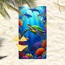 1条海底世界海龟珊瑚沙滩巾，超柔软超细纤维特大号沙滩毯，超强吸水浴巾，适合旅行、游泳池、潜水、冲浪、瑜伽、露营，多种尺寸可选，沙滩配件 - 海底世界 - 查看 4