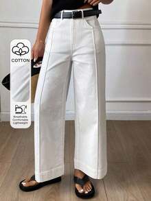 Pantalones holgados con vuelo y bolsillos para mujer, pantalones casuales de unicolor estilo callejero para otoño - Blanco - Ver 8