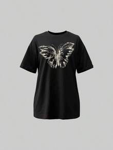 1 Piece Casual Fashion Set For Men And Women. Women's Short-Sleeved, Crew-Neck T-Shirt With Butterfly Print, Ideal For Summer. Versatile, Easy To Match, Suitable For Everyday Wear, Streetwear, Vacation Outfits, And Weekend Get-Togethers. - 黑色 - 查看 3