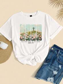 1 Camiseta de manga corta "Él ha resucitado" para hombre y mujer, estilo casual y a la moda, con estampado de flores silvestres, estilo bohemio, para primavera y Pascua, con motivos cristianos, de Jesús, versátil, fácil de combinar, para uso diario, estilo urbano, para vacaciones y fines de semana. - Blanco - Ver 3