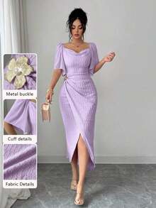 Vestido elegante ajustado con cuello de volantes, mangas de pétalos y hebilla metálica de bloque de color para mujer, primavera/verano - Morado - Ver 12