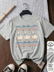 Cute 90s Vintage Goose Design T-Shirt, Comfortable Short Sleeve T-Shirt With Cartoon Letter Print, Suitable For Various Occasions, As A Gift For Festivals, Birthdays, Music Festivals, Casual And Versatile Wear, For Beach Vacations, Simple And Fashionable, Suitable For Daily Wear By Women And Girls. -High-Quality Breathable - 淺灰色 - 查看 2