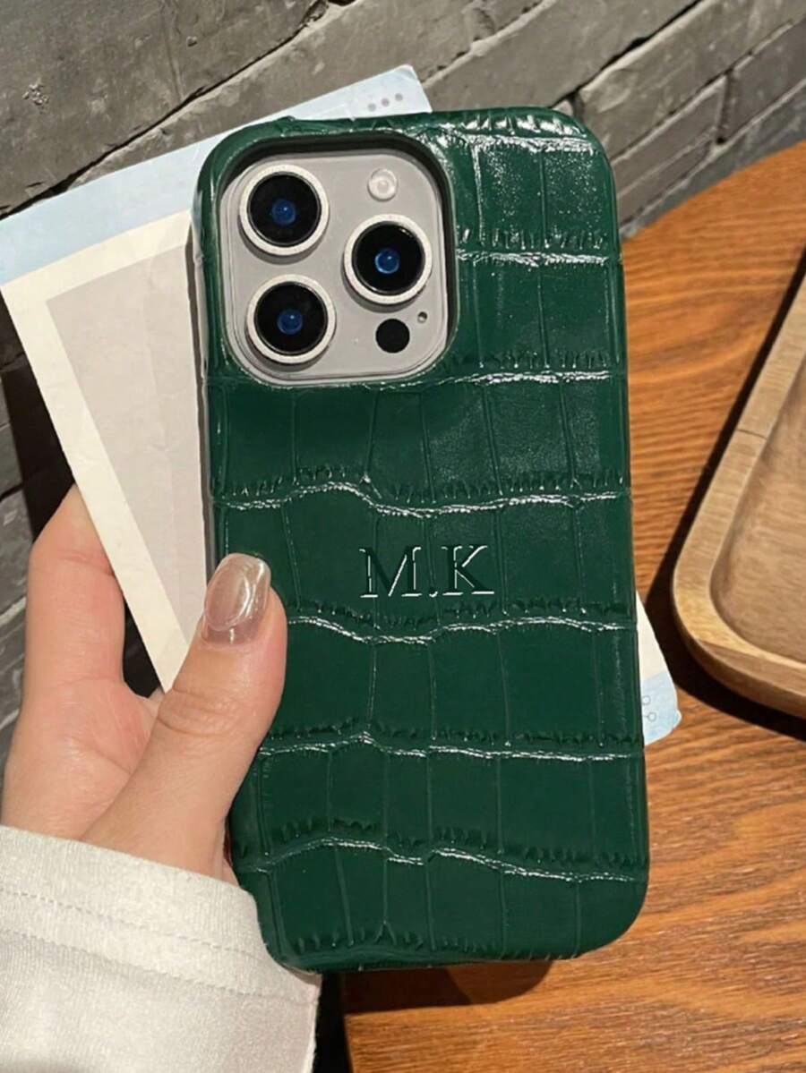 Personalized Luxury Faux Crocodile Embossed Letter Hot Stamping Stylish Phone Case, Compatible With Apple 17, 16, 15, 14, 13, 12, 11 Pro Max, 14, 15, 16 Plus, 17 Air, DIY Gift - Dark Green - View 1