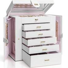 AKOZLIN - Caja de joyería extragrande de 6 niveles con espejo, 5 cajones de piel para almacenamiento de joyas para mujeres y niñas, anillo y arete, color blanco - Blanco - Ver 9