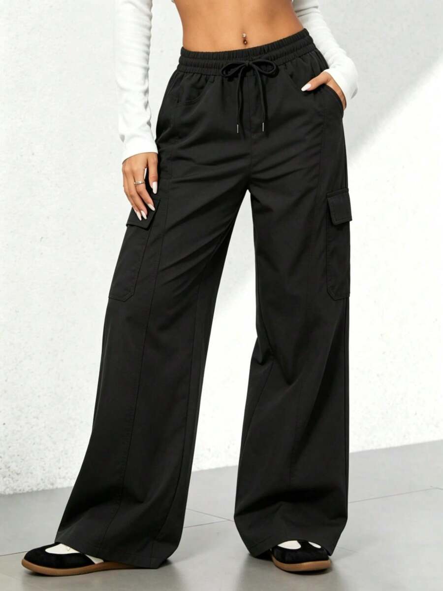Pantalones rectos negros holgados y casuales de vacaciones para otoño e invierno - Negro - Ver 1