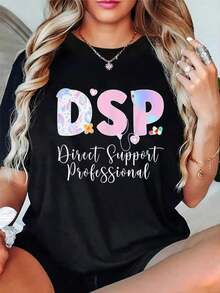 1 pieza - Camiseta profesional de talla grande para mujer DSP Direct Support - Negra con texto rosa - Uso diario para profesionales de la salud - Ropa de trabajo casual para todo el año - Ropa de apoyo DSP, ropa para personal sanitario - 180g 100% algodón - Negro - Ver 7