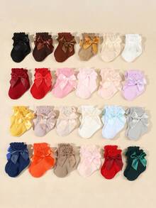5 pares de calcetines de media caña para niños y niñas con decoración de moño en colores de caramelo aleatorios, estilo princesa con volantes, suaves y cómodos - Multicolor - Ver 5