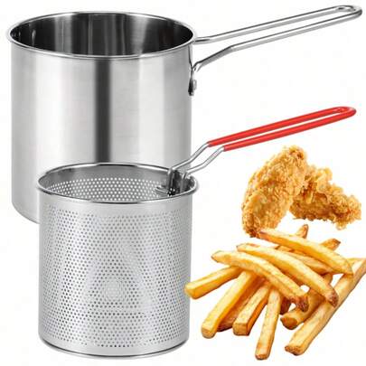 Mini roestvrijstalen frituurpan met mandje en handvat, geschikt voor het frituren van friet, kip, garnalen en tempura.