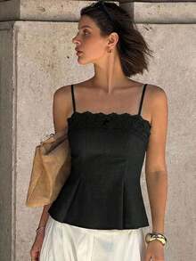 Mirada de sirena 2026 Nueva camiseta de mujer con ribete de encaje, top corto y sexy sin tirantes con ribete de encaje, top con cuello de encaje, top de mujer de cuello cuadrado, top de ganchillo, top de encaje de mujer, camiseta casual de verano de color albaricoque sólido minimalista, top de campesina de encaje crema, top de tirantes, top con volante y ribete de encaje, blusa de estilo francés, blusa para mujer elegante y clásica, blusas y tops de mujer para el verano - Negro - Ver 7