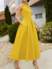 Elegant Women's Dress With A Tie Waist And A-Line Silhouette, New Spring/Summer And Fall/Summer Styles, Sleeveless With A V-Neck, Suitable For The Office Or Everyday Wear In Black. - 黃色 - 查看 2