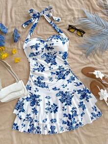 AVestido mini sexy con espalda descubierta, corbata en el cuello, dobladillo fruncido y doble capa, adecuado para fiestas, citas, San Valentín - Azul y blanco 2 - Ver 1