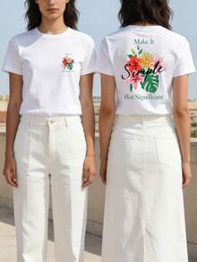 Women's Summer White T-Shirt With Simple But Meaningful Text Slogan, Hibiscus, Lily, Monstera Leaf, Floral Motif, Graphic, Minimalist, Aesthetic, Botanical Design, Tropical Floral Theme, Casual, Outdoor, Daily Use, Vacation Outfit, Summer Tops - White - View 6
