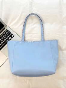 Bolso de mano estilo coreano con estampado de letras, versátil para uso diario, bolso de hombro de gran capacidad y doble cara para ir al trabajo para mujeres - Azul - Ver 5