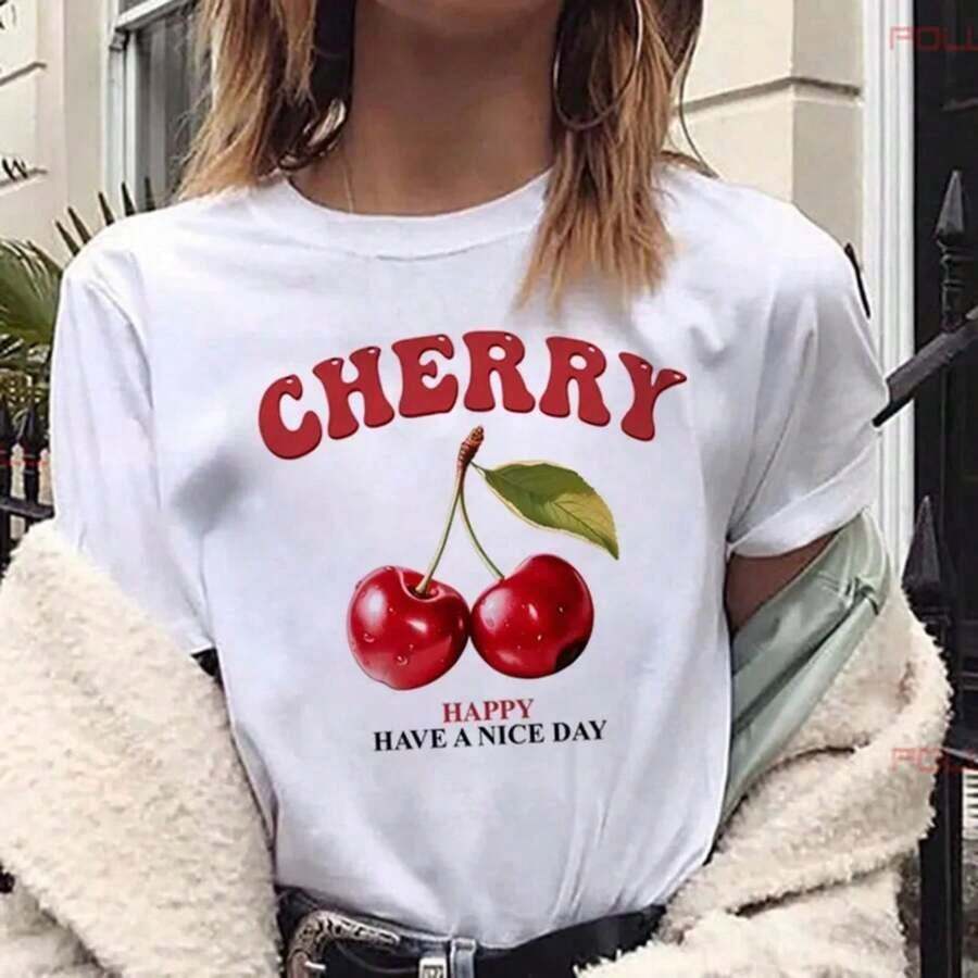 GiftGiftCamiseta de mujer con estampado de cerezas, cuello redondo, manga corta, top casual, longitud regular, tejido de punto, camisetas de frutas y verduras, top Y2k, playera casual para hombre, camisas unisex, playeras para mujerSoftSoft - Rojo y blanco - Ver 1