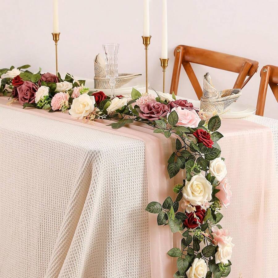 1 pieza Guirnalda artificial de rosas de 1,8 m con hojas verdes, decoración para habitación, fiesta, hogar, boda, cumpleaños, Navidad, arco de pared, flores rojas de primavera - Multicolor - Ver 1