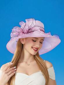 1 chiếc mũ nữ kiểu dáng mới năm 2025, màu trơn, họa tiết hoa lớn, chất liệu organza, kiểu dáng thanh lịch Anh Quốc, thích hợp cho kỳ nghỉ lễ hội. - MZ2636 - Xem 45