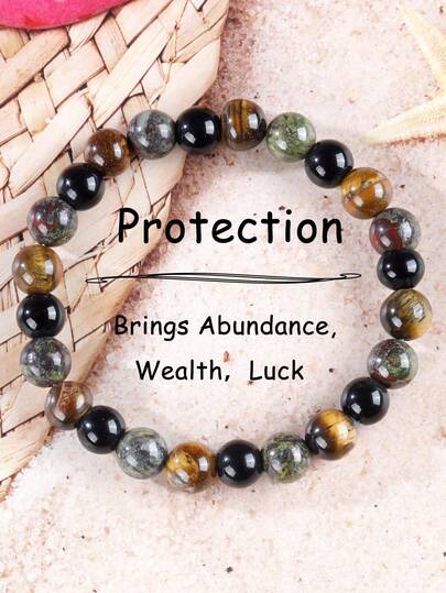 YAUKIA Fashion Men'S Dragon Blood Stone Stretch Bracelet , Tiger'S Eye & Obsidian Natural Stone, Boho Style Jewelry Stackable, Elastic , Brings Abundance, Wealth , Suitable For Casual Outfits And Special Occasions , Ideal Gift For Father'S Day