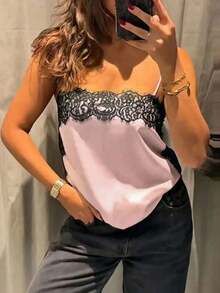 Top tipo camiseta de estilo callejero de moda para mujer, camisola de satén con parches de encaje floral, elegante top sin espalda sin mangas con tirantes finos, camisola sexy con encaje y tela tejida de unicolor para uso diario y salidas de verano - Rosa - Ver 4