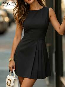 DONICY Vestido negro de cuello en V sin mangas con falda en A para mujer, elegante vestido corto midi con bajo plisado, adecuado para uso diario en verano y primavera y citas - Negro - Ver 3