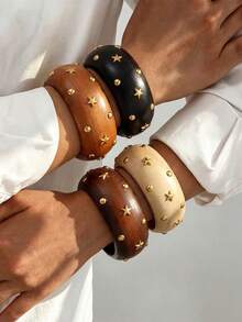 NAIZHU 1/4 piezas Brazalete ancho retro de mujer con remaches geométricos exagerados y estrella, adecuado para uso diario, citas, fiestas - Multicolor - Ver 3