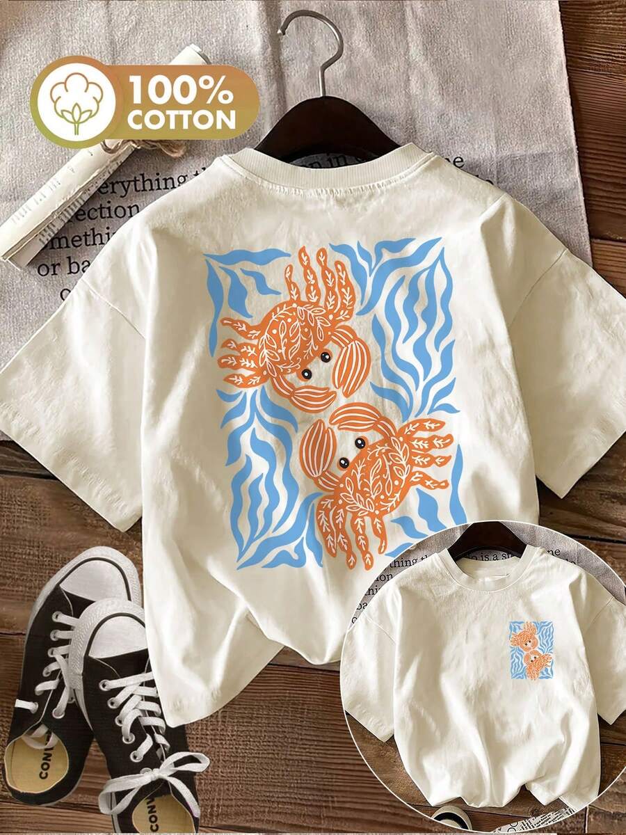 [Double-Sided Print] Women's Spring And Summer Casual Top, Fun Style, Crab And Seaweed Print, Pure Cotton Short Sleeve T-Shirt With Round Neck - Unisex Loose Fit Cotton Short Sleeve T-Shirt, Vintage Urban Style, Blouses For Women. Blouses.Casual Blouses For Ladies. - 杏色 - 查看 1