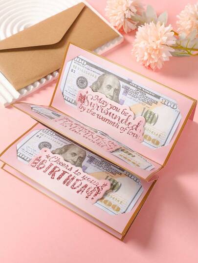 一套黑色、金色和粉色“生日快乐”折叠钞票卡片及信封，粉色和金色纸质折叠钞票卡片，生日派对惊喜现金礼物，周年纪念装饰折叠钞票卡片，生日庆祝现金装饰，生日派对装饰，“生日快乐”折叠钞票卡片及信封 - 有趣的送礼方式，生日装饰，生日礼物，派对小礼品