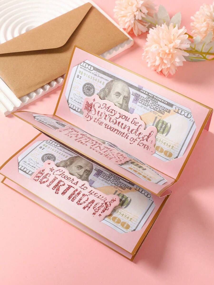 1組黑粉金生日快樂摺疊現金卡附信封，紙鈔摺疊卡，生日週年驚喜現金禮物，派對裝飾與創意金錢禮品小物 - 粉紅金 - 查看 1