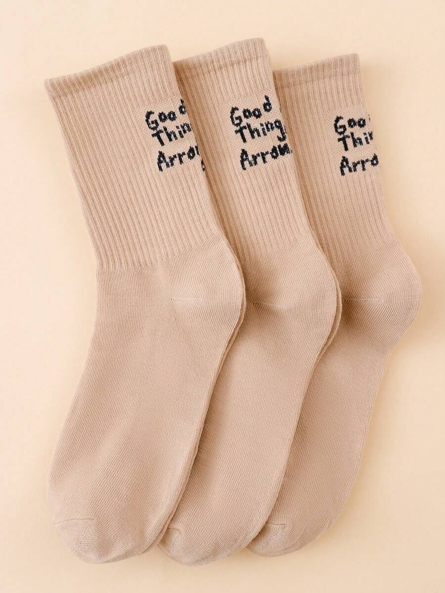 3 Pairs Women's Fresh Candy Color Personalized Letter College Style Mid-Calf Socks - Apricot - View 1