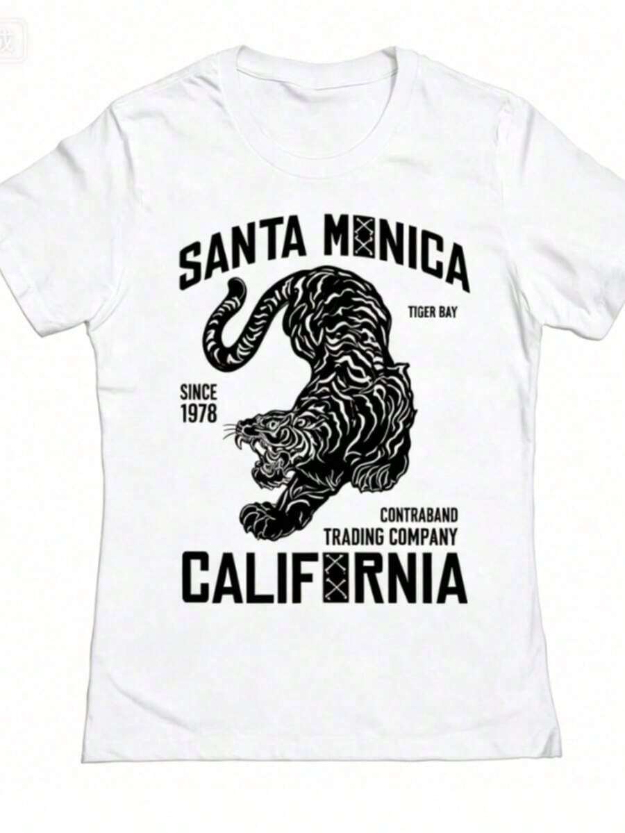 100% cotton Camiseta ajustada de algodón para mujer con estampado de tigre de Santa Mónica de Matt Keeling - Blanco - Ver 1
