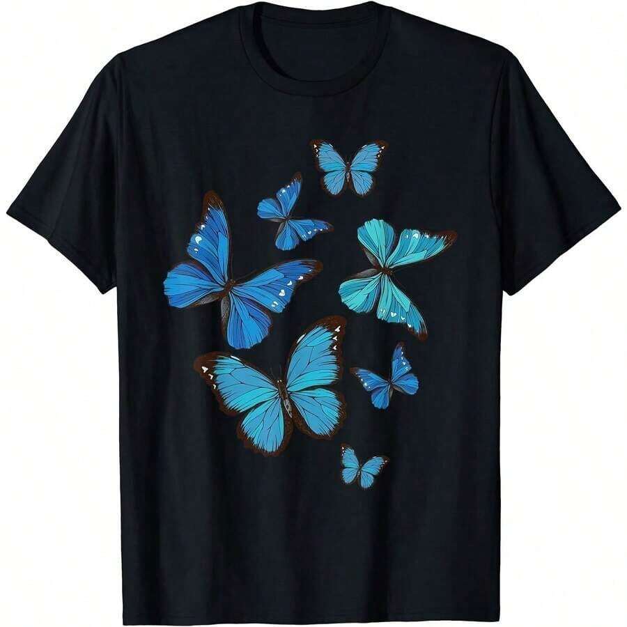 Solt Vintage T-Shirt With Blue Morpho Butterfly Swarm Print, For Lepidoptera Lovers And Entomologists. Suitable For Year-Round Wear, This Short-Sleeved, Crew-Neck T-Shirt Features A Single-Sided Print And Is Made Of Pure Cotton. A Fun And Stylish Graphic Design For Women. - 黑色1 - 查看 1