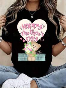 Women's T-Shirts For Mother's Day, With Bear, Flower And Heart Print, Cute Design, Pure Cotton, Round Neck, Soft, Comfortable, Stretchy Fabric For Everyday Wear, Seasonal Outfit, Mother's Day Celebration, Casual Look - 黑色 - 查看 9