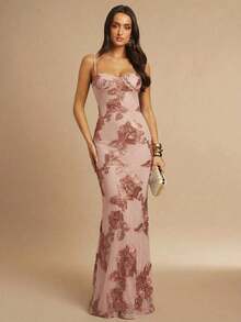 Vestido de tirantes finos maxi ajustado y elegante con diseño floral 3D en color marrón, adecuado para invitada de boda en otoño, fiesta, cóctel, noche, Navidad.Vestido maxi ceñido y con espalda descubierta, apropiado para fiesta de ot - Marrón - Ver 3